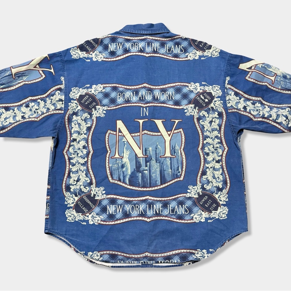 Vtg 90s NY Baroque Novelty All Over Print Oversize Chambray Denim Jean Shirt M L